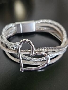 Silver Heart Multi-Strand Leather Bracelet, Magnetic Clasp, NWOT.